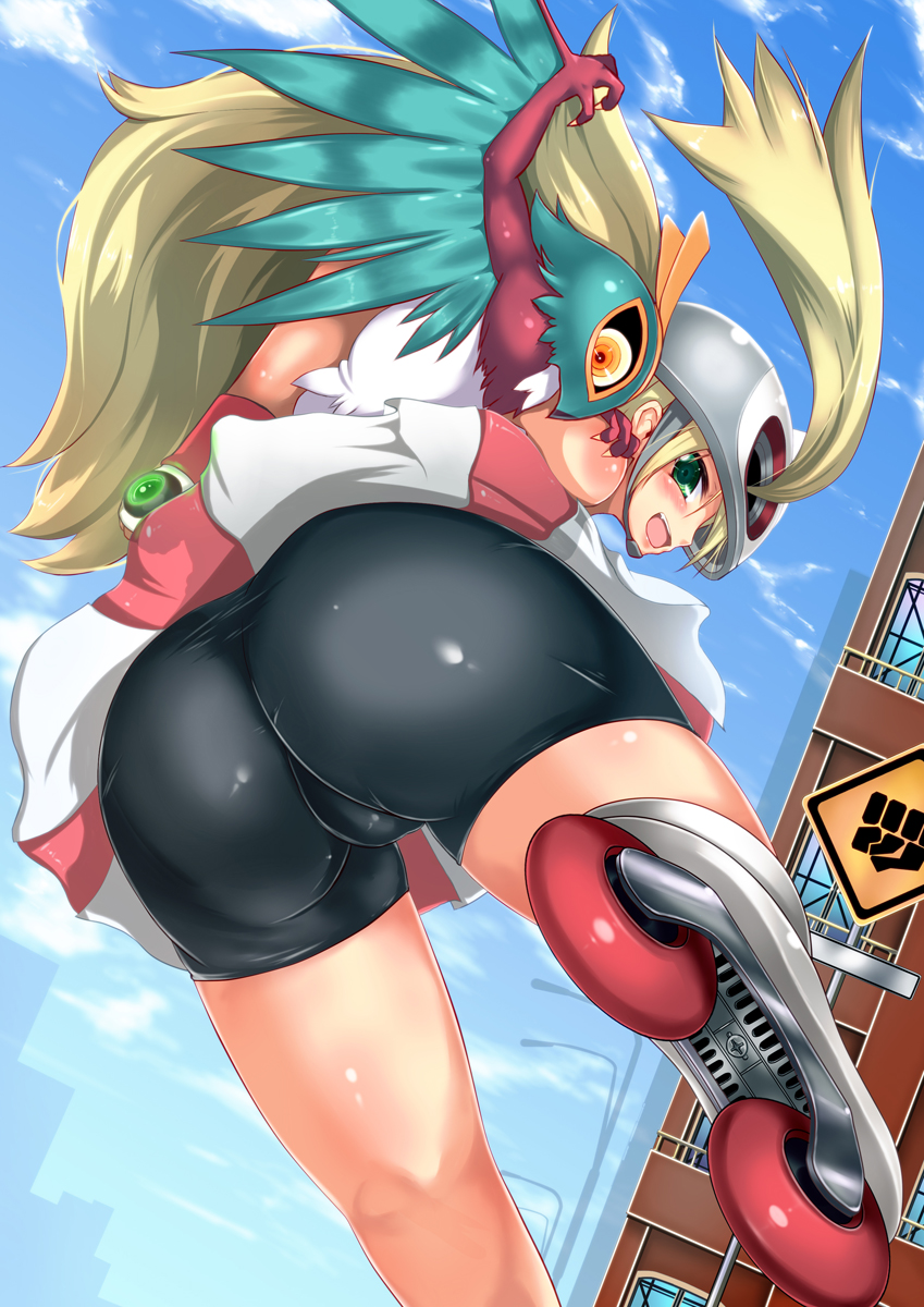 korrina and hawlucha (pokemon and 1 more) drawn by arakia_(m_hanbaisho)