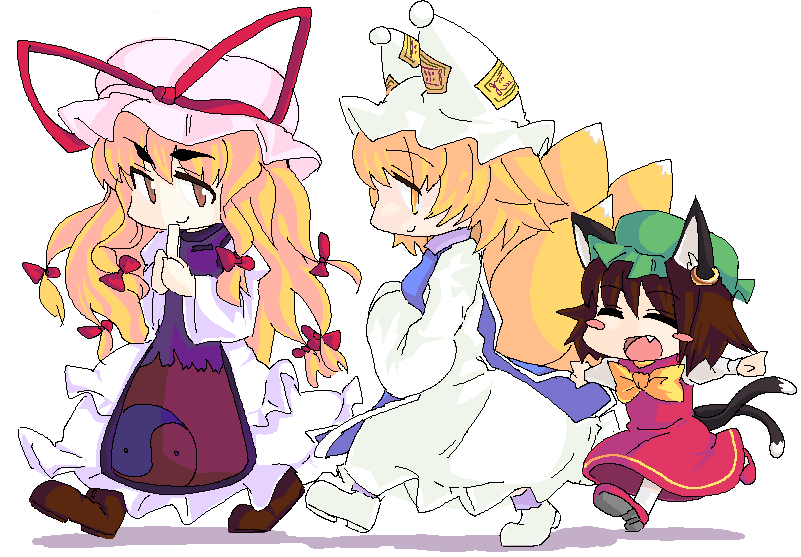 yakumo yukari, yakumo ran, and chen (touhou) drawn by mori_shin_risuku