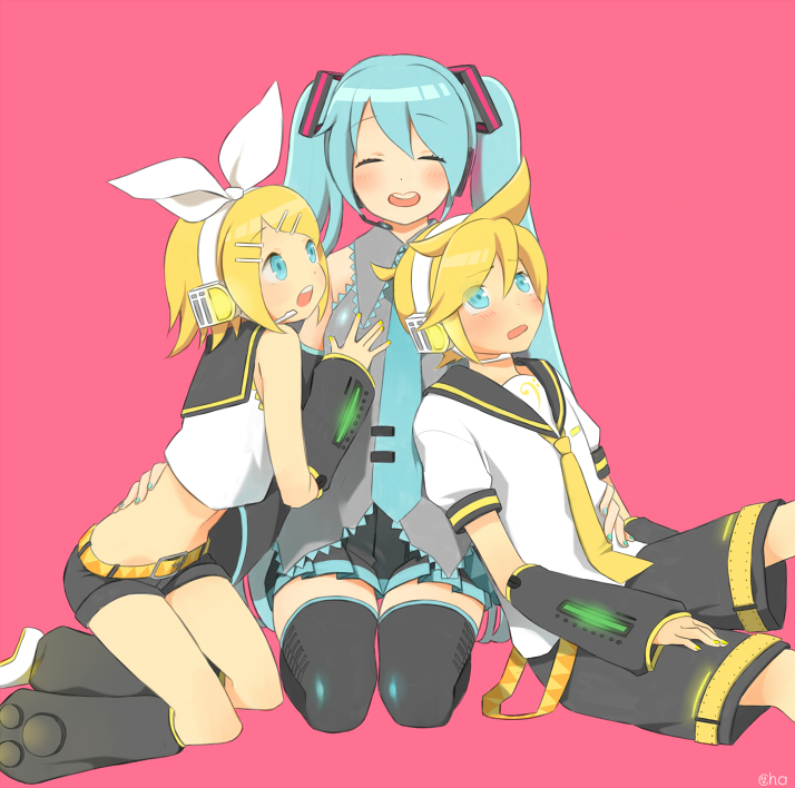hatsune miku, kagamine rin, and kagamine len (vocaloid) drawn by cha_(cha0-0)