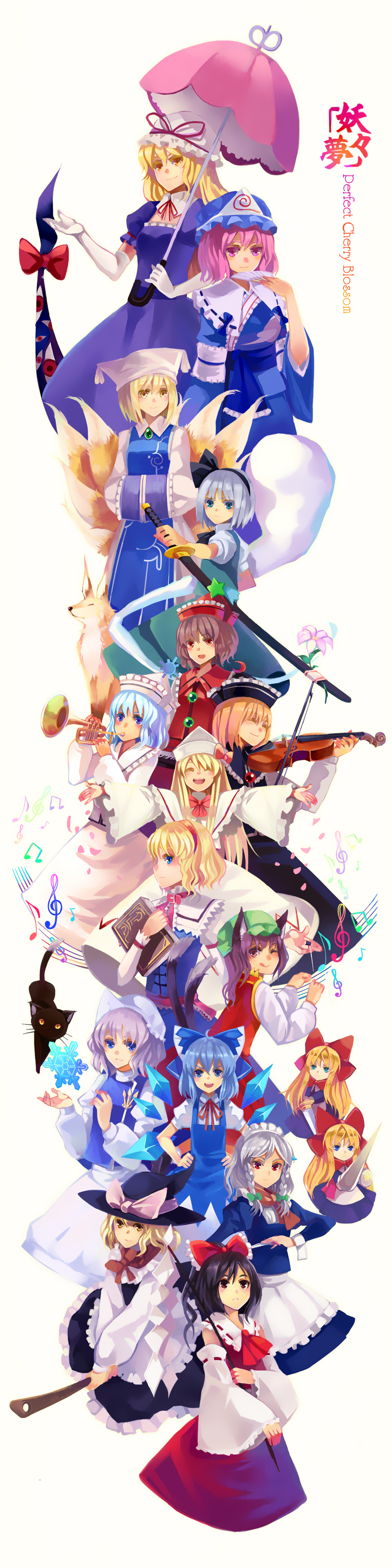 hakurei reimu, kirisame marisa, izayoi sakuya, konpaku youmu, cirno, and 11 more (touhou and 1 more) drawn by hao_(patinnko)