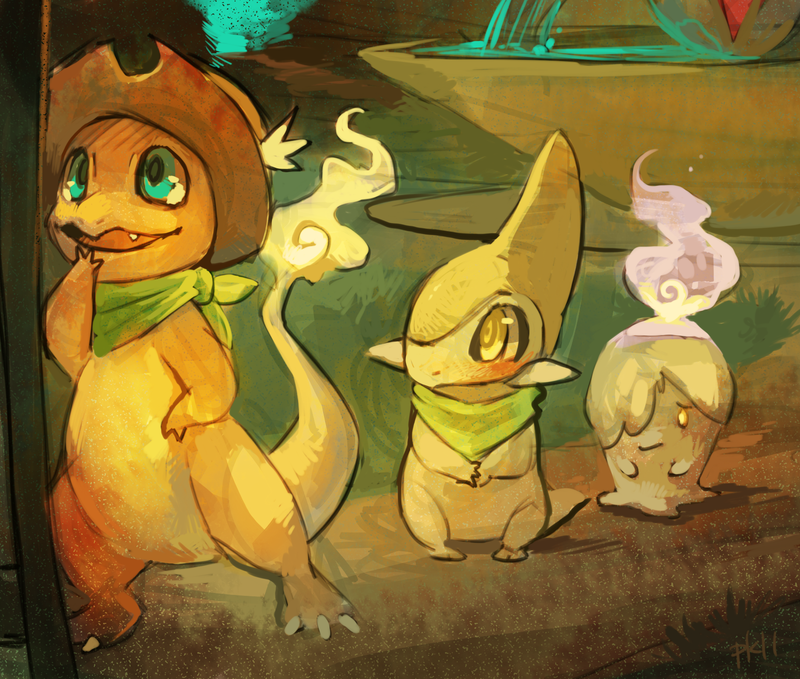 charmander, litwick, axew, and mike (pokemon and 1 more) drawn by glitchedpuppet