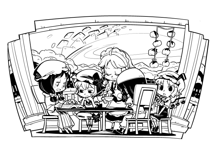 remilia scarlet, flandre scarlet, izayoi sakuya, patchouli knowledge, and hong meiling (touhou) drawn by hounori