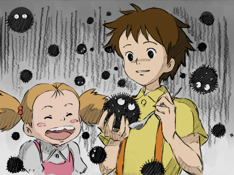 kusakabe satsuki, susuwatari, and kusakabe mei (tonari no totoro) drawn by kumosuke