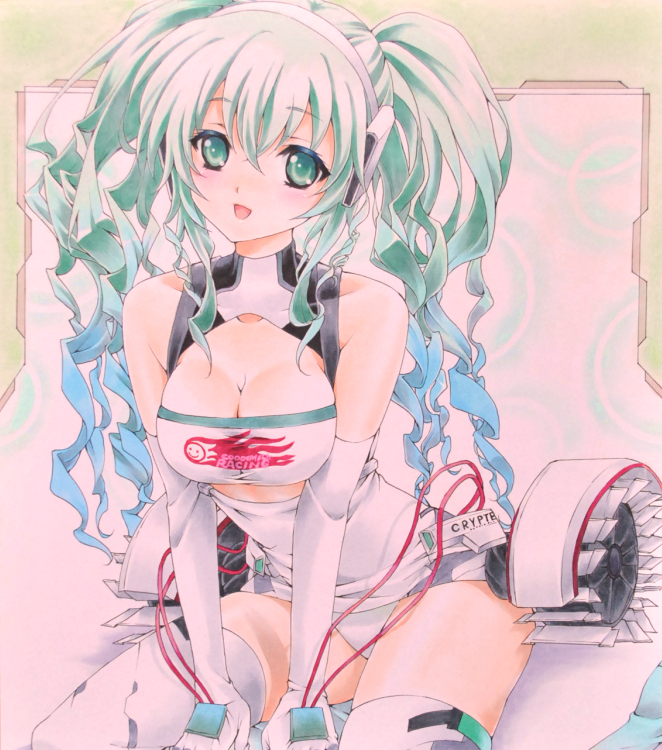 hatsune miku and racing miku (vocaloid and 2 more) drawn by ren_(endscape20)