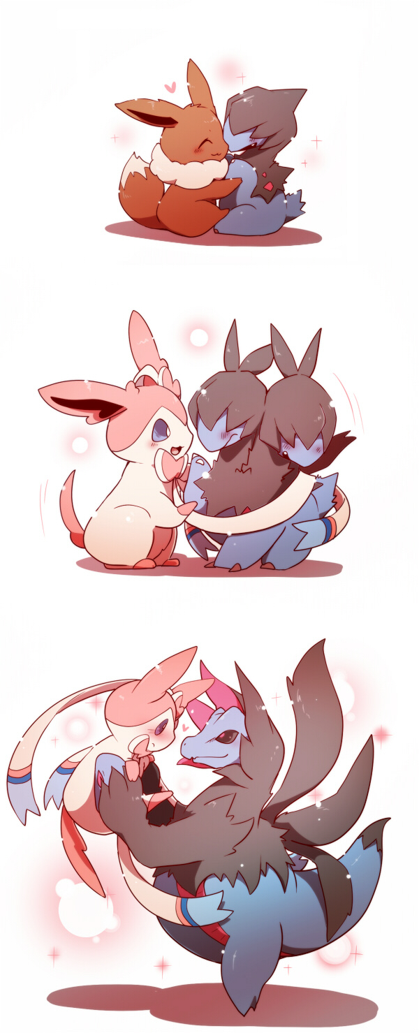 eevee, sylveon, hydreigon, deino, and zweilous (pokemon) drawn by azuma_minatsu