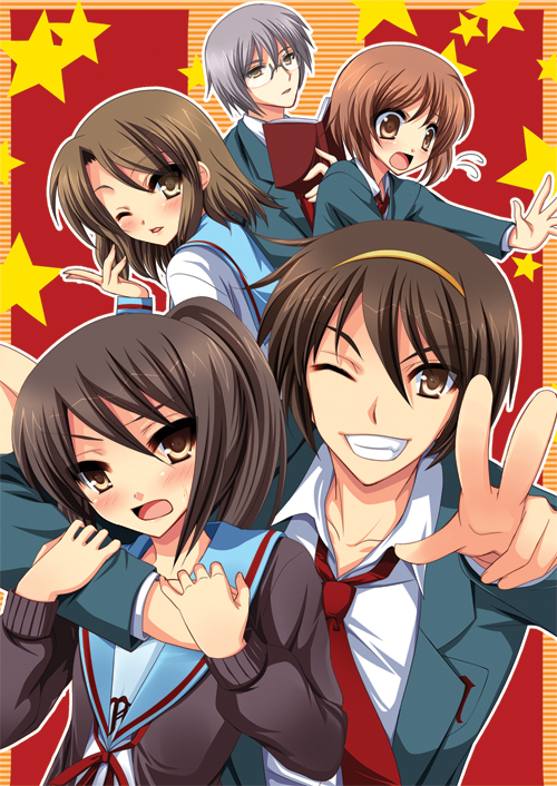 kyonko, koizumi itsuki, suzumiya haruhiko, nagato yuuki, and asahina mitsuru (suzumiya haruhi no yuuutsu) drawn by yukizuki_chikuba