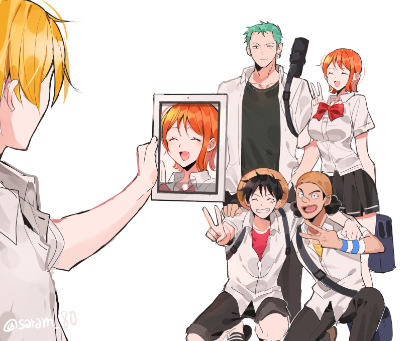 nami, monkey d. luffy, roronoa zoro, sanji, and usopp (one piece) drawn by joman
