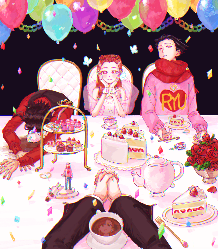 phoenix wright, mia fey, dahlia hawthorne, and diego armando (ace attorney and 1 more) drawn by oyoyo_pe