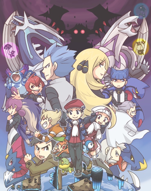 dawn, cynthia, piplup, garchomp, lucas, and 20 more (pokemon and 2 more) drawn by nekoichi