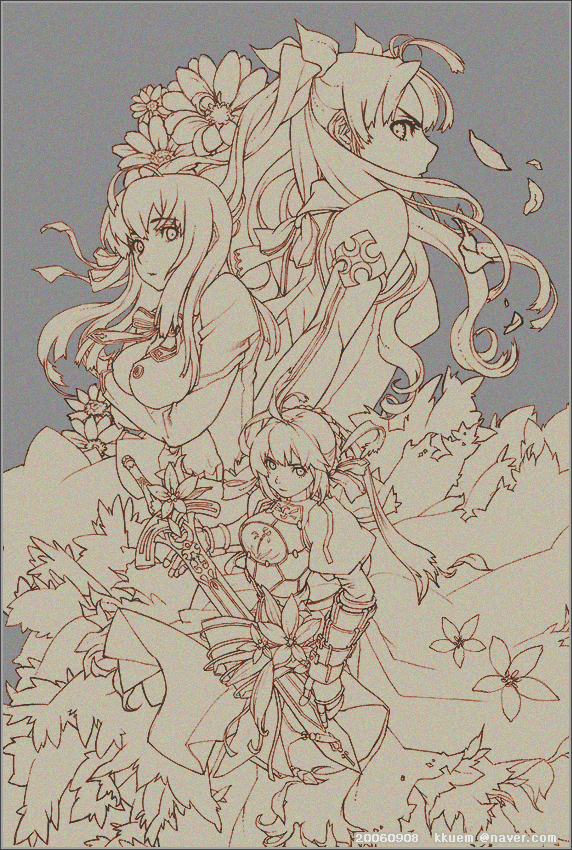 artoria pendragon, saber, tohsaka rin, and matou sakura (fate and 1 more) drawn by kkuem