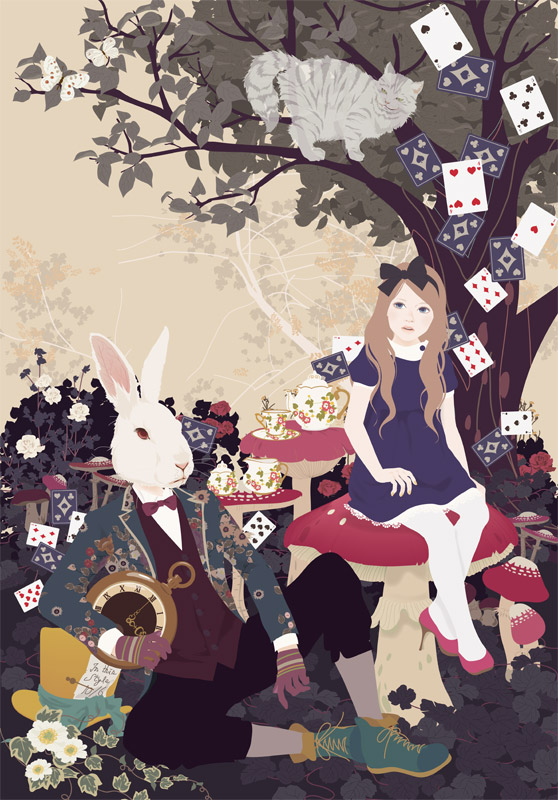 alice, white rabbit, and cheshire cat (alice's adventures in wonderland) drawn by katogi_mari