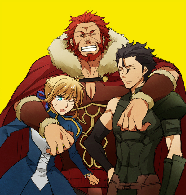 artoria pendragon, saber, iskandar, and diarmuid ua duibhne (fate and 1 more) drawn by kazu_sanbon