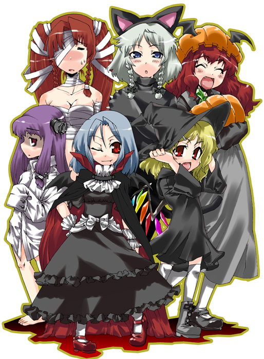 remilia scarlet, flandre scarlet, izayoi sakuya, patchouli knowledge, hong meiling, and 1 more (touhou and 1 more) drawn by gengorou