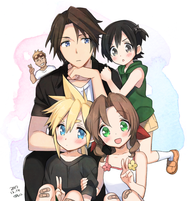 cloud strife, aerith gainsborough, yuffie kisaragi, squall leonhart, and cid highwind (final fantasy and 3 more) drawn by krudears