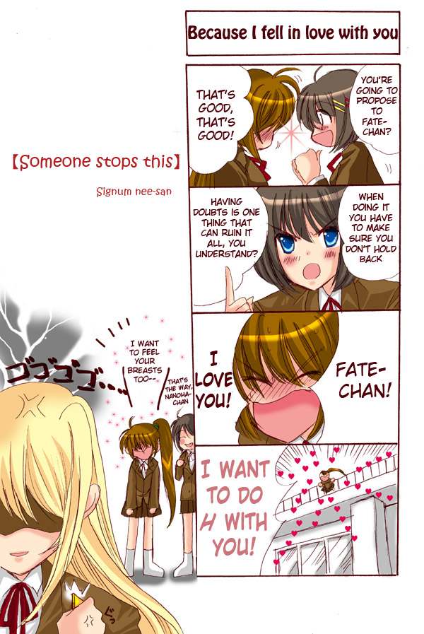 fate testarossa, takamachi nanoha, yagami hayate, and bardiche (lyrical nanoha and 1 more) drawn by hina_sasaki