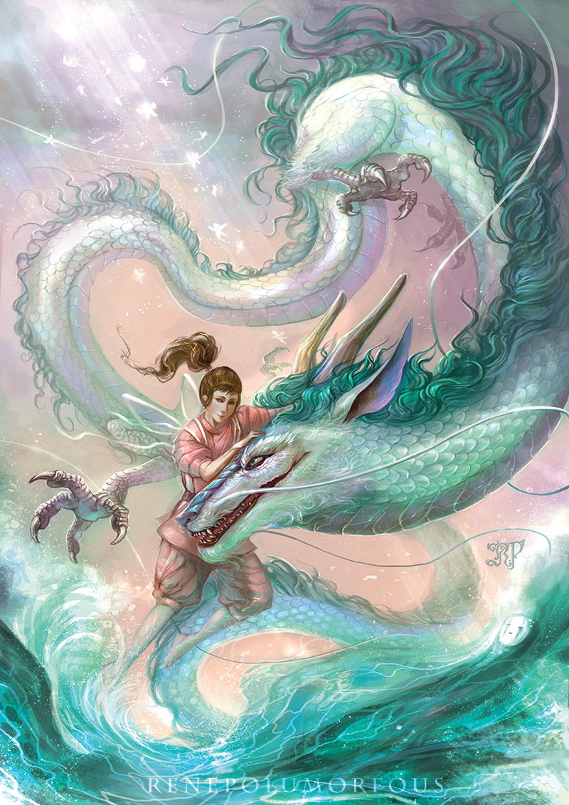 ogino chihiro, haku, and kaonashi (sen to chihiro no kamikakushi) drawn by renepolumorfous