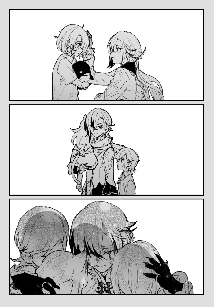 arlecchino, lynette, lyney, freminet, and pers (genshin impact) drawn by nikumiso