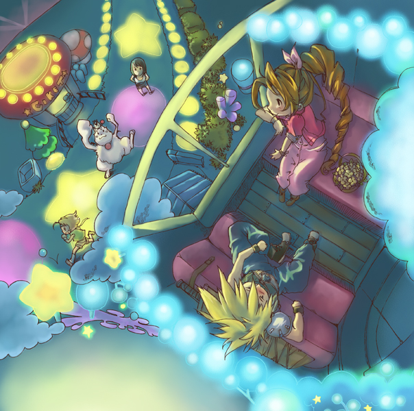 tifa lockhart, cloud strife, aerith gainsborough, yuffie kisaragi, moogle, and 1 more (final fantasy and 1 more) drawn by umeda_yoshio