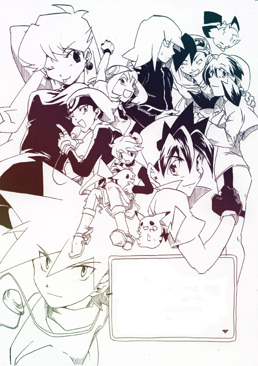 pikachu, may, red, ethan, blue oak, and 9 more (pokemon and 1 more) drawn by h_kazami