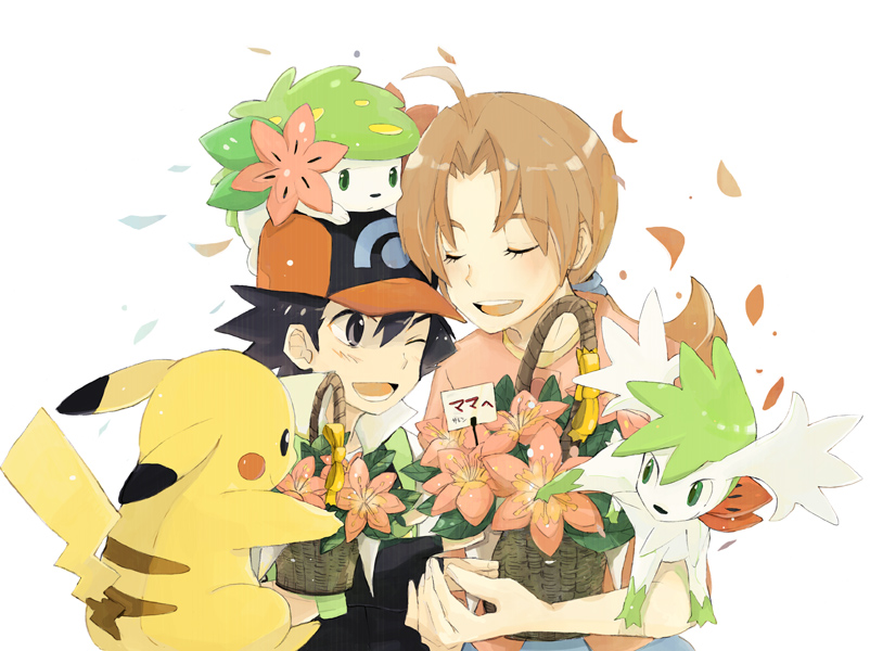 pikachu, ash ketchum, shaymin, and delia ketchum (pokemon) drawn by tatsumi