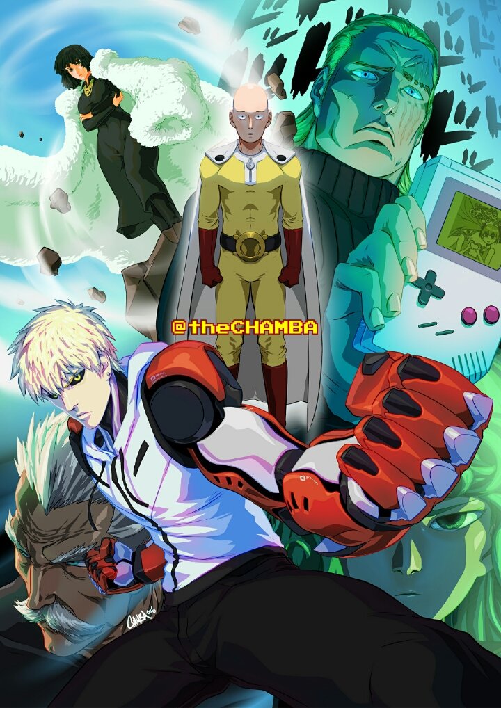 tatsumaki, fubuki, saitama, genos, king, and 1 more (one-punch man) drawn by chamba