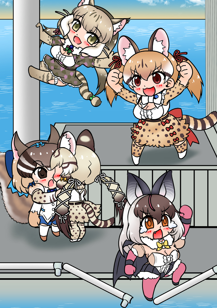brown long-eared bat, siberian chipmunk, jungle cat, geoffroy's cat, and large-spotted genet (kemono friends and 1 more) drawn by edamamezooooo