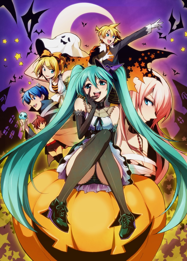 hatsune miku, kagamine rin, kagamine len, megurine luka, kaito, and 1 more (vocaloid) drawn by hirococo