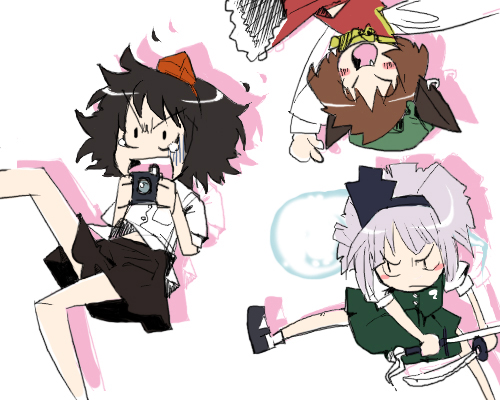 konpaku youmu, shameimaru aya, and chen (touhou) drawn by gengorou