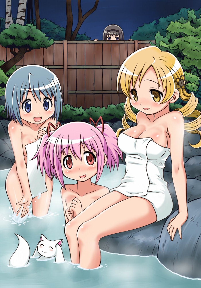 akemi homura, kaname madoka, miki sayaka, tomoe mami, and kyubey (mahou shoujo madoka magica) drawn by yuuki_akira