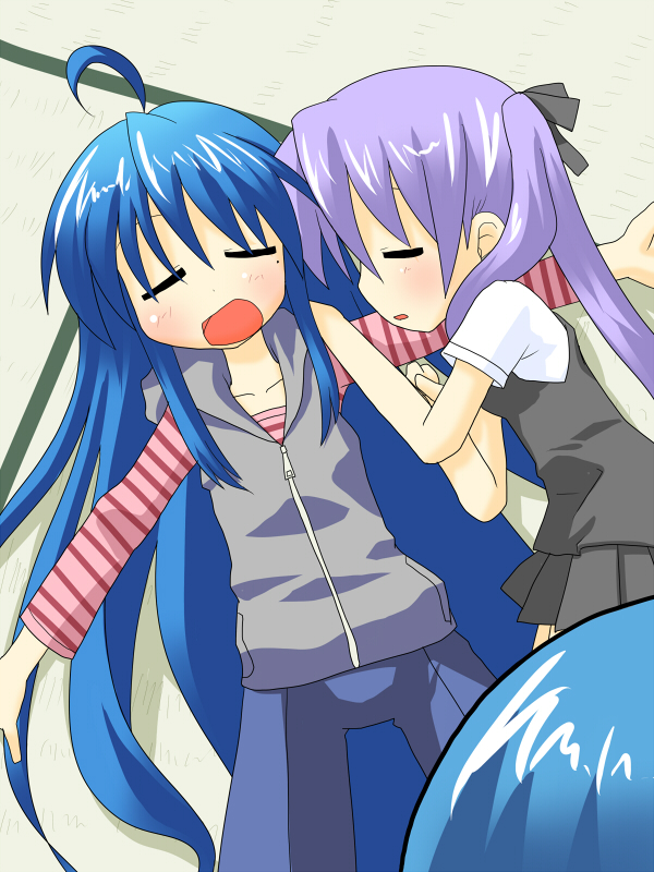 hiiragi kagami, izumi konata, and izumi soujirou (lucky star) drawn by hujikok
