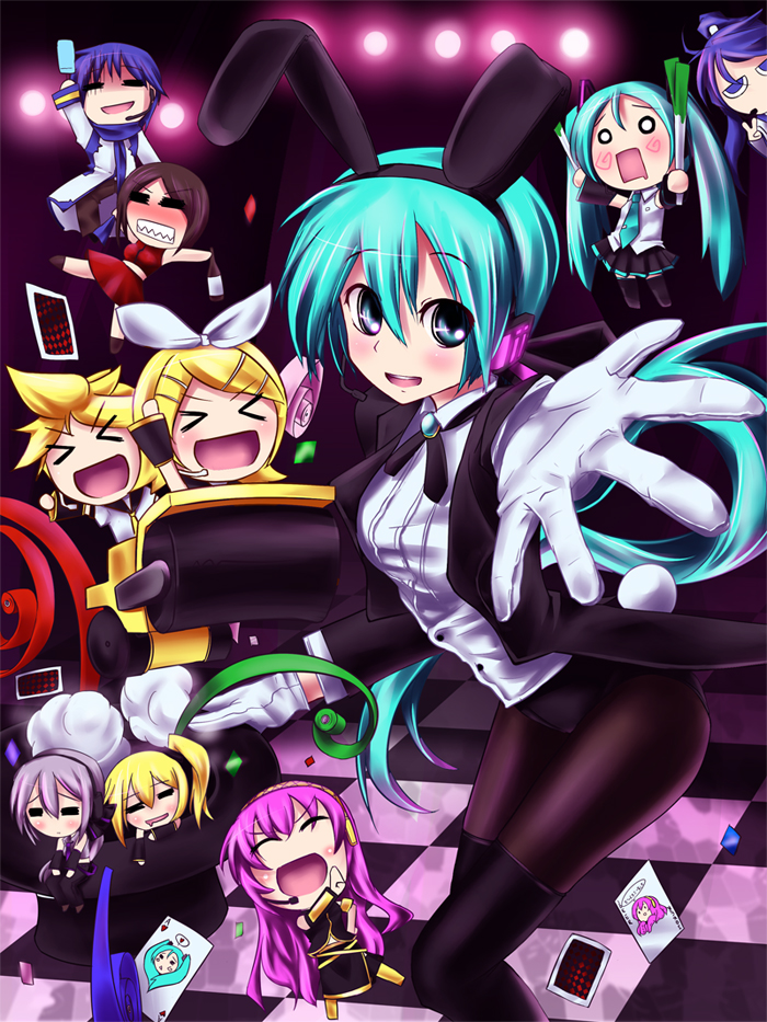 hatsune miku, kagamine rin, kagamine len, megurine luka, kaito, and 6 more (vocaloid and 2 more) drawn by kawajuu