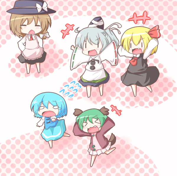 rumia, tatara kogasa, usami renko, mononobe no futo, and kasodani kyouko (touhou) drawn by kotatsumuri