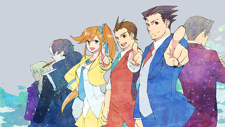 phoenix wright, miles edgeworth, apollo justice, athena cykes, klavier gavin, and 1 more (ace attorney and 1 more) drawn by satoo