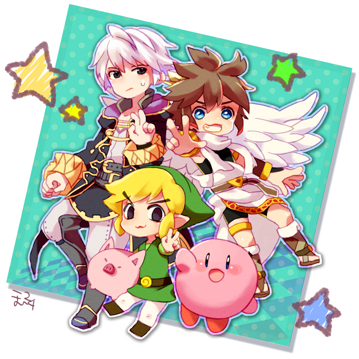 link, kirby, male robin, pit, and toon link (fire emblem and 7 more) drawn by komu24