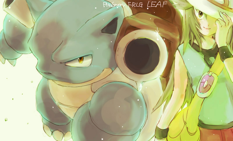 leaf and blastoise (pokemon and 1 more) drawn by chonmage_megane