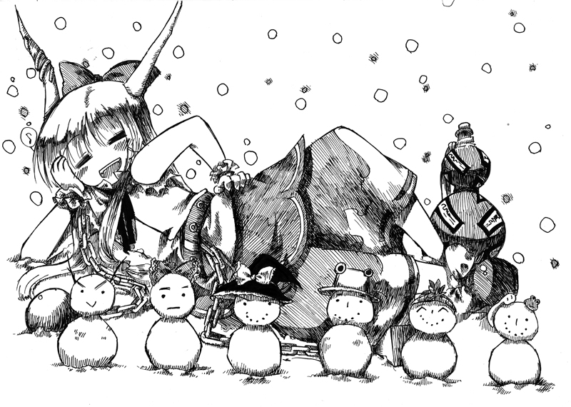 hakurei reimu, kirisame marisa, kochiya sanae, moriya suwako, ibuki suika, and 1 more (touhou) drawn by kumatohigurasi