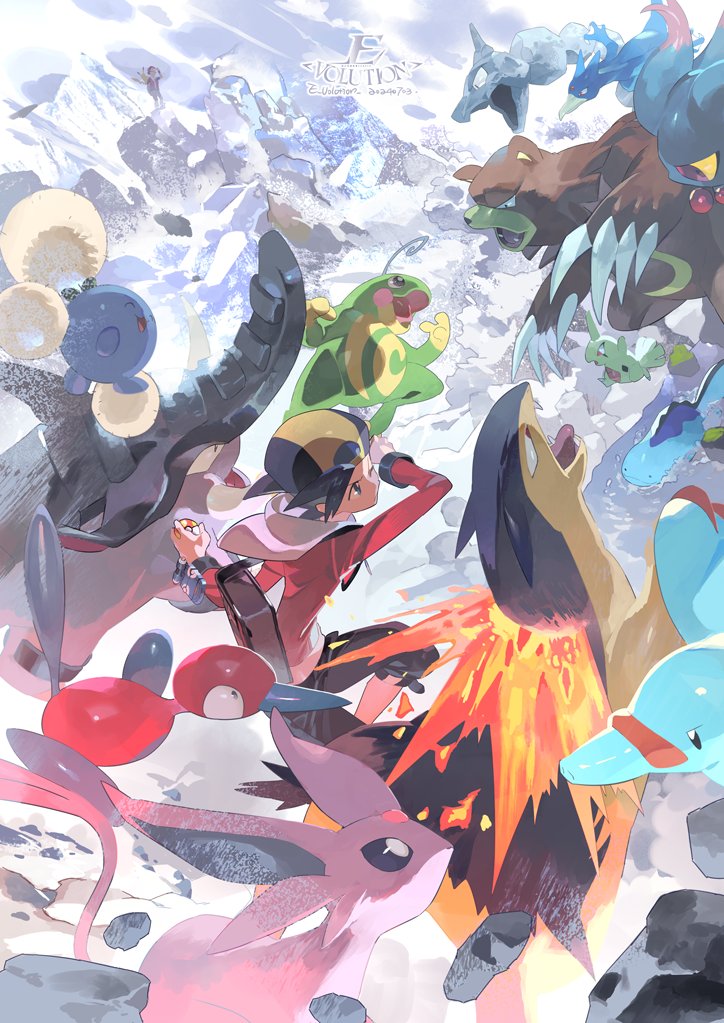 pikachu, red, ethan, espeon, quagsire, and 10 more (pokemon and 1 more) drawn by e_volution