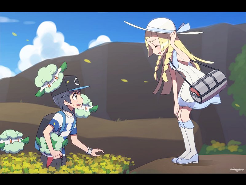 lillie, elio, and cottonee (pokemon and 1 more) drawn by agata_(agatha)