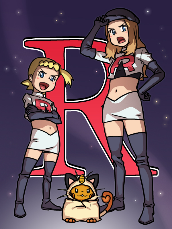 serena, jessie, meowth, dedenne, and bonnie (pokemon and 1 more) drawn by habatakuhituji