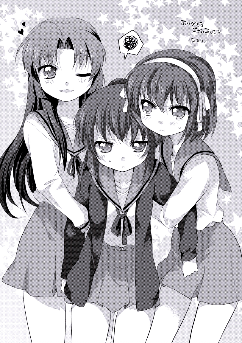 suzumiya haruhi, asakura ryoko, and kyonko (suzumiya haruhi no yuuutsu) drawn by namori