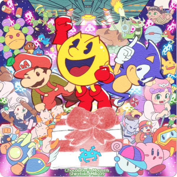 kirby, mario, sonic the hedgehog, slime, princess of moonbrook, and 12 more (mario and 20 more) drawn by shiretoko_milk_09