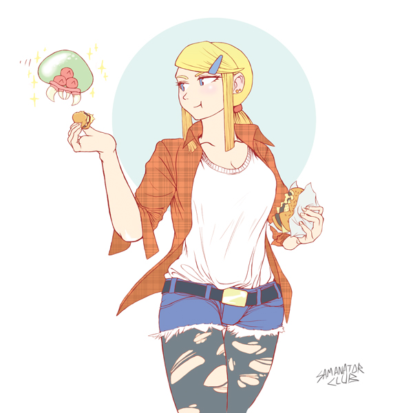 samus aran, metroid, and metroid larva (metroid) drawn by samanator_club