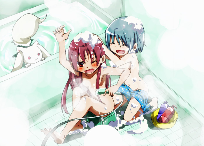 miki sayaka, sakura kyoko, and kyubey (mahou shoujo madoka magica) drawn by fumiko_(mesushi)