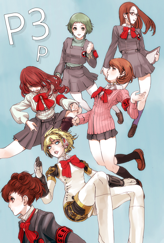 aigis, shiomi kotone, takeba yukari, kirijou mitsuru, yamagishi fuuka, and 1 more (persona and 2 more) drawn by nucca_dzuke