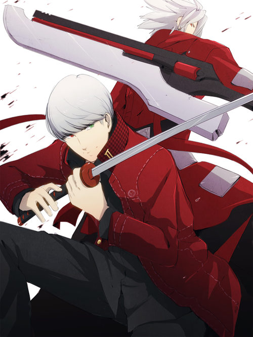 narukami yu and ragna the bloodedge (persona and 3 more) drawn by hanpetos