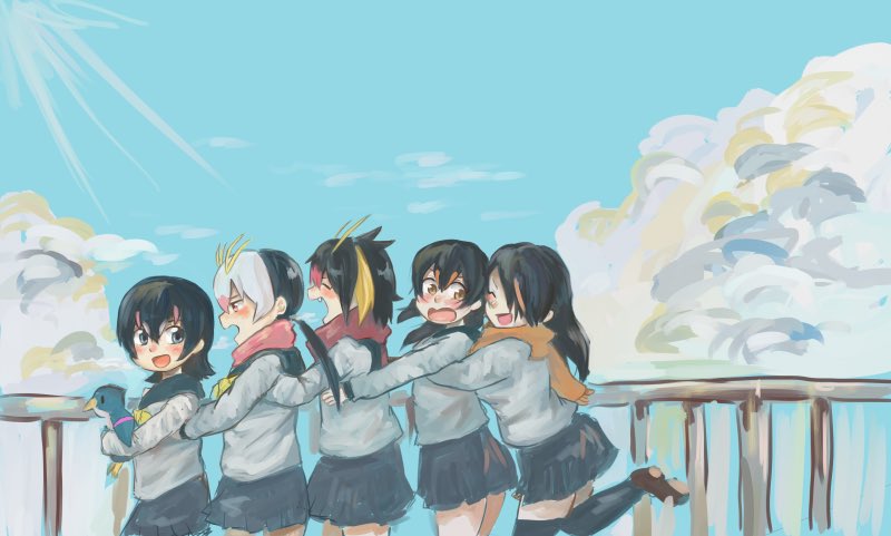 emperor penguin, humboldt penguin, royal penguin, rockhopper penguin, gentoo penguin, and 1 more (kemono friends) drawn by kajitsu_ohima