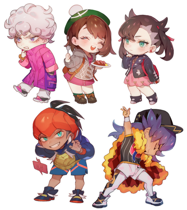 marnie, gloria, leon, rotom, raihan, and 2 more (pokemon and 1 more) drawn by zuizi
