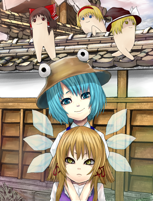 hakurei reimu, kirisame marisa, cirno, alice margatroid, and moriya suwako (touhou) drawn by yukinojou_yakan
