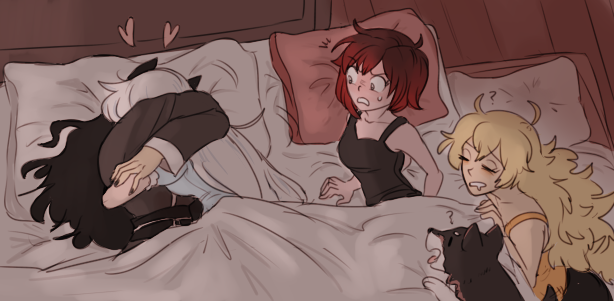 ruby rose, weiss schnee, yang xiao long, blake belladonna, and zwei (rwby) drawn by dashingicecream