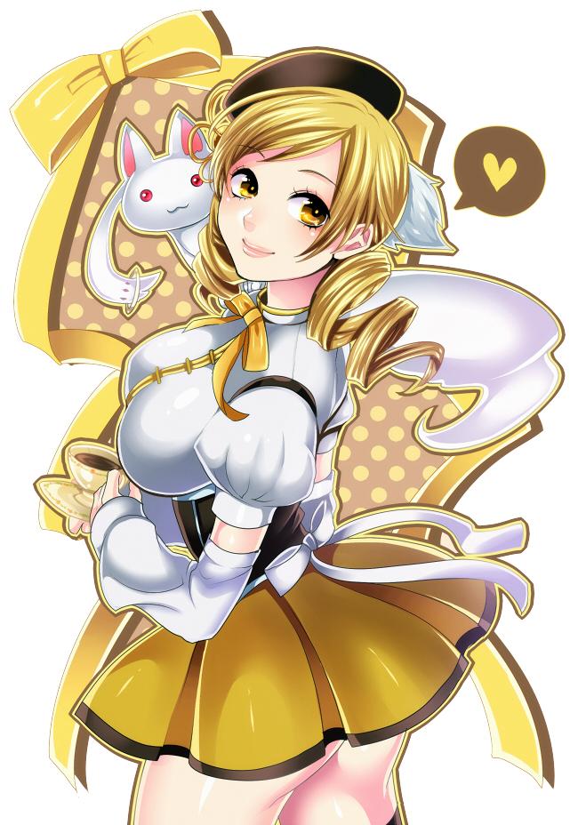 tomoe mami and kyubey (mahou shoujo madoka magica) drawn by matsurika_youko